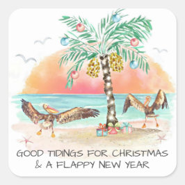Pegatina Cuadrada Navidades Pelican Palm Tree Good Tidings