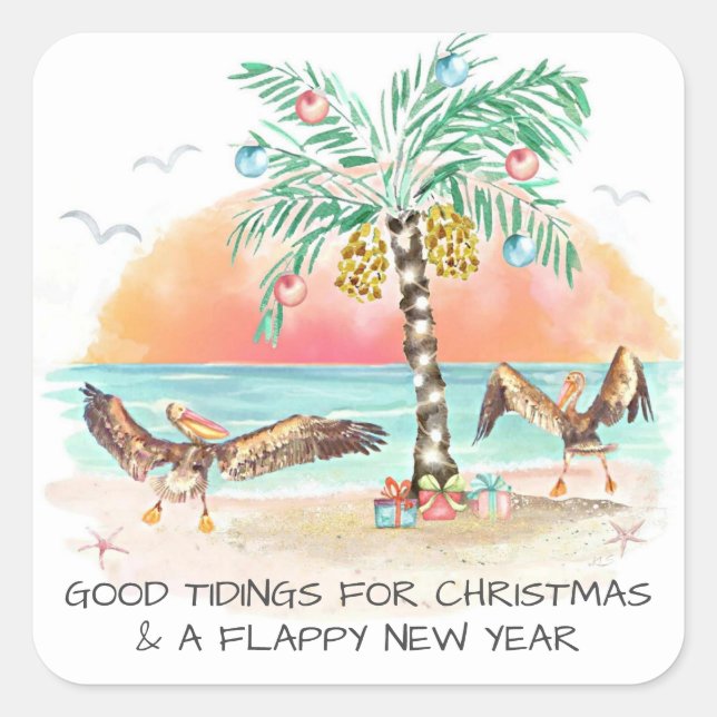 Pegatina Cuadrada Navidades Pelican Palm Tree Good Tidings (Anverso)