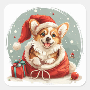 Pegatina Cuadrada Navidades Pembroke Welsh Corgi Puppy