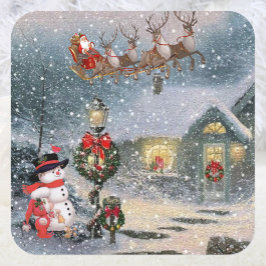 Pegatina Cuadrada Navidades permiten nieve Santa Sleigh Reindeer Hol