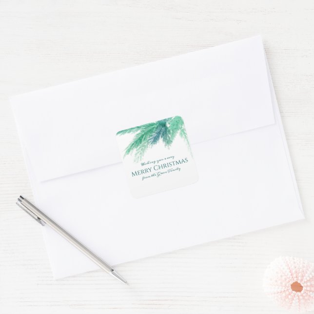 Pegatina Cuadrada Navidades personalizado de follaje de pino evergre (Sobre)