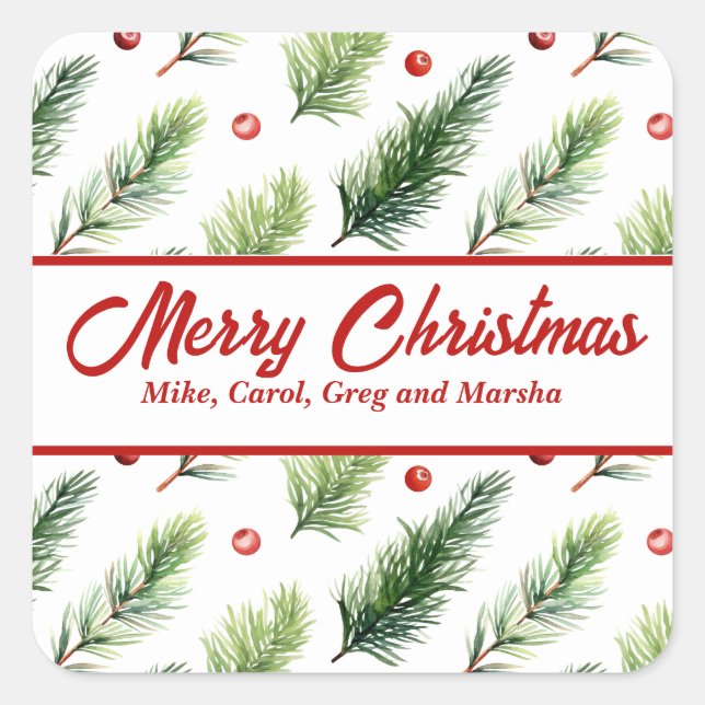 Pegatina Cuadrada Navidades Personalizados De Holiday Pine Y Berries (Anverso)