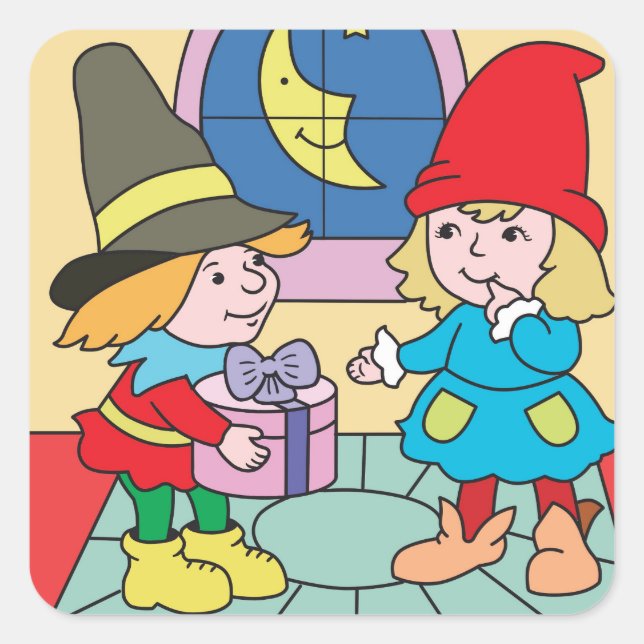 Pegatina Cuadrada Navidades personalizados gnomos y regalo (Anverso)