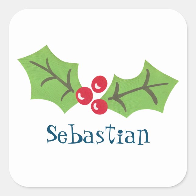 Pegatina Cuadrada Navidades personalizados Holly & Berries (Anverso)