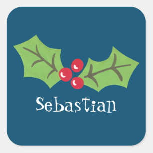 Pegatina Cuadrada Navidades personalizados Holly & Berries Square St
