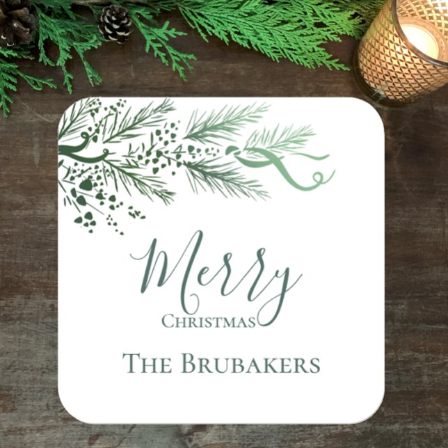 Pegatina Cuadrada Navidades personalizados modernos y sencillos de l (Personalize this unique pine and berries greenery Merry Christmas holiday sticker. Original simple.)