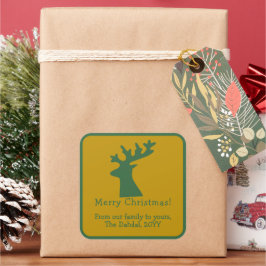 Pegatina Cuadrada Navidades personalizados Reindeer Head Green & Gol