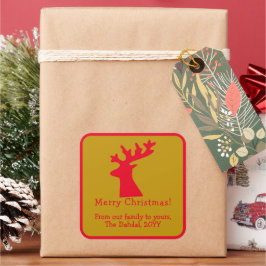 Pegatina Cuadrada Navidades personalizados Reindeer Head Red and Gol