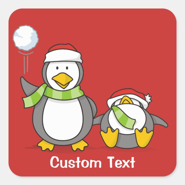 Pegatina Cuadrada Navidades Pingüinos Snowballing (Anverso)