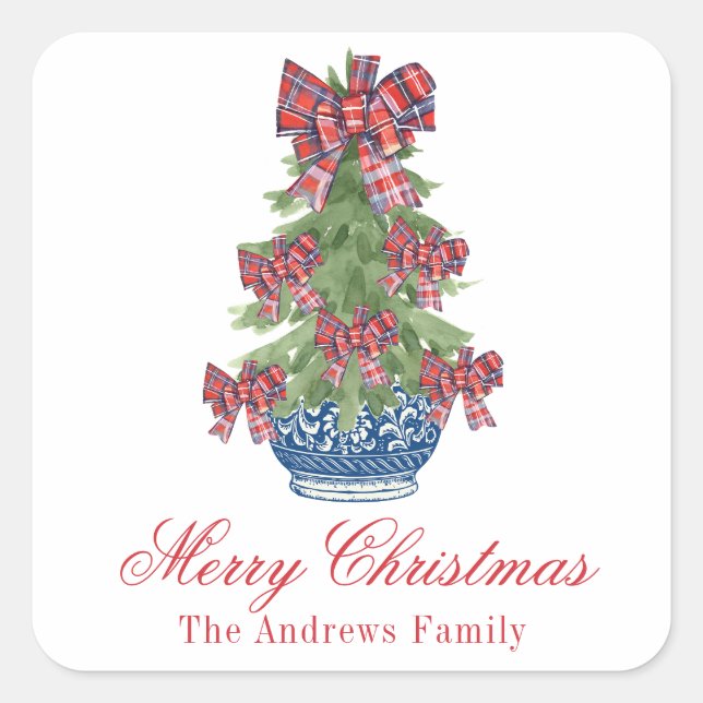 Pegatina Cuadrada Navidades Plaid Bow Chinoiserie Topiary Tree (Anverso)