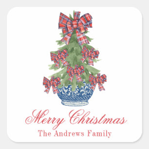 Pegatina Cuadrada Navidades Plaid Bow Chinoiserie Topiary Tree