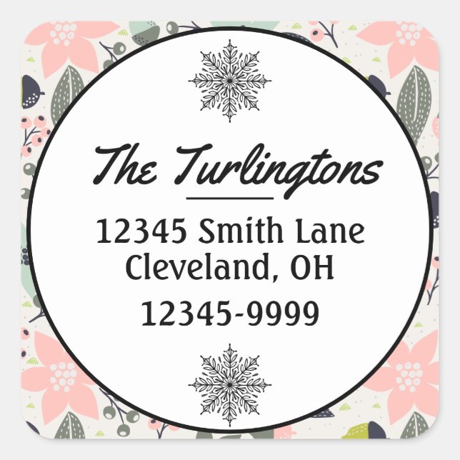 Pegatina Cuadrada Navidades Poinsettia Acorns Dirección de devolució (Anverso)