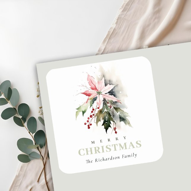 Pegatina Cuadrada Navidades Poinsettia Berries Foliage Watercolor (Subido por el creador)