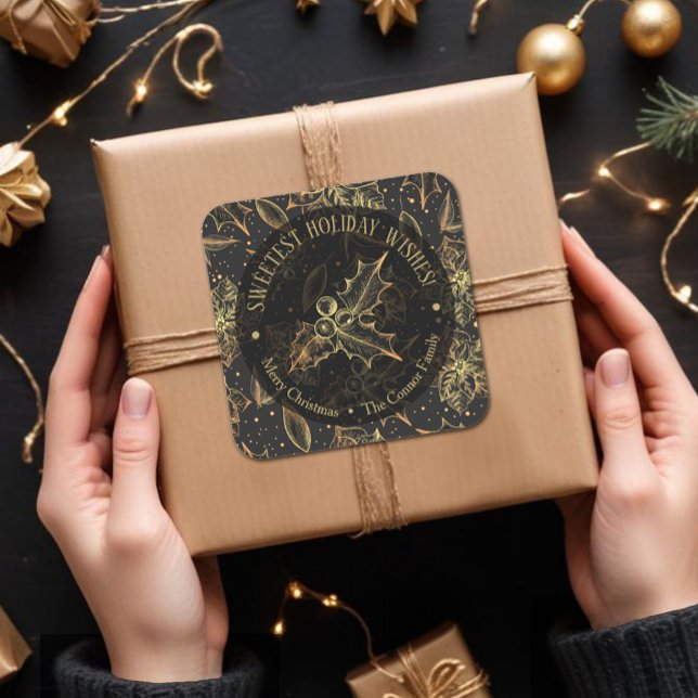 Pegatina Cuadrada Navidades Poinsettia comida casera horneando (Christmas black and gold poinsettia, holly, berries, sweetest holiday wishes square stickers)