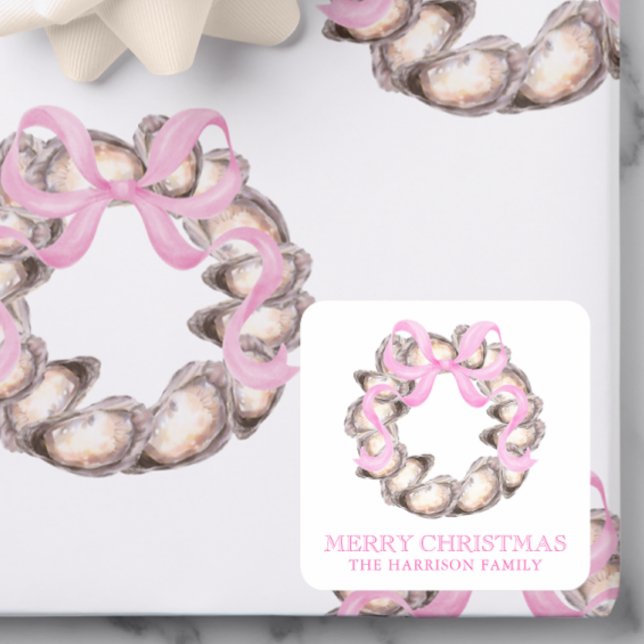 Pegatina Cuadrada Navidades Preppy Coastal Oyster Bow Wreath (Subido por el creador)