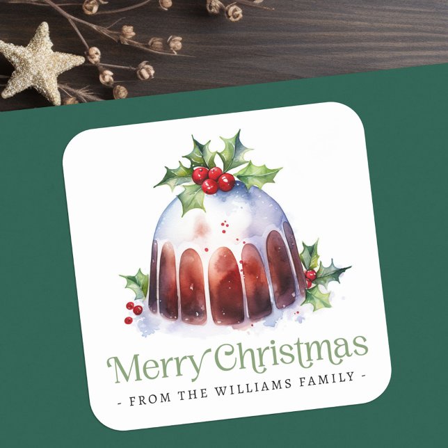 Pegatina Cuadrada Navidades pudding holly berries acuarela (Christmas pudding holly berries watercolor square sticker)
