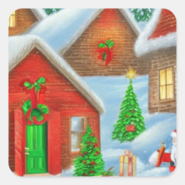 Pegatina Cuadrada Navidades pueblo en snowfun santa visitas
