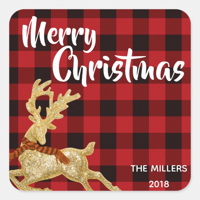 Pegatina Cuadrada Navidades Purpurina de oro de vacaciones reno (Anverso)