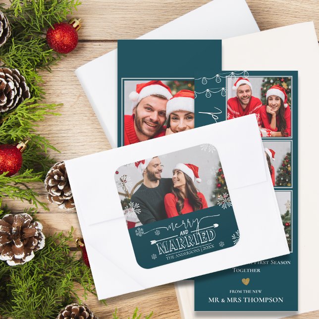 Pegatina Cuadrada Navidades recién casados Green Merry y foto casada (Newlywed Christmas Green Merry & Married Photo Square Sticker)