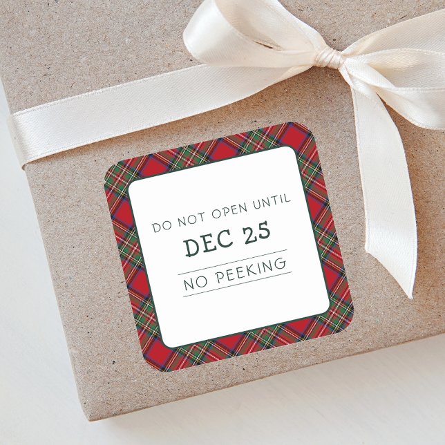 Pegatina Cuadrada Navidades Red Green Plaid Stewart Tartán (Rustic Plaid Do Not Open Stewart Tartan Square Sticker)