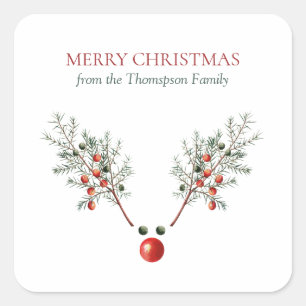 Pegatina Cuadrada Navidades Red Nosed Reindeer Pine Berries
