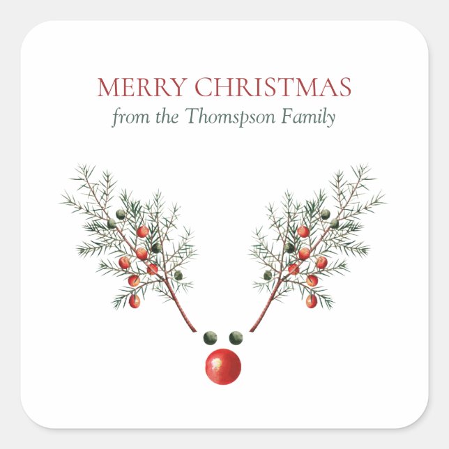 Pegatina Cuadrada Navidades Red Nosed Reindeer Pine Berries (Anverso)