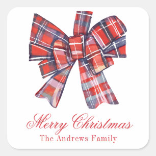 Pegatina Cuadrada Navidades Red Tartan Plaid Bow Enclosure
