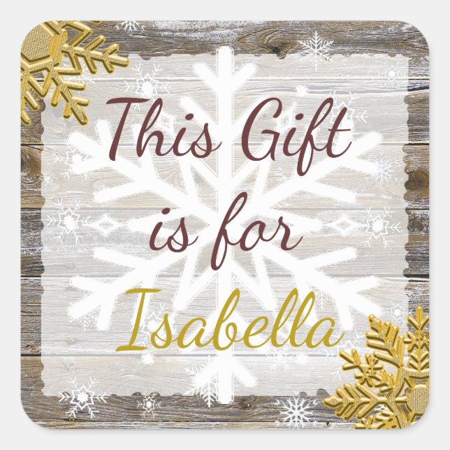 Pegatina Cuadrada Navidades Regalo Wood Gold Snowflakes Gift Etiquet (Anverso)
