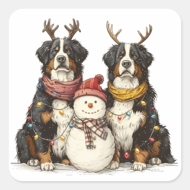 Pegatina Cuadrada Navidades renos Perros de montaña Bernese (Anverso)