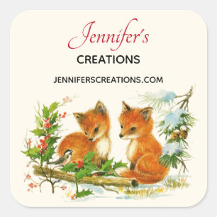 Pegatina Cuadrada Navidades Retro Cute Vintage Foxes