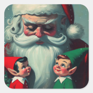 Pegatina Cuadrada Navidades Retro de Santa con Elves