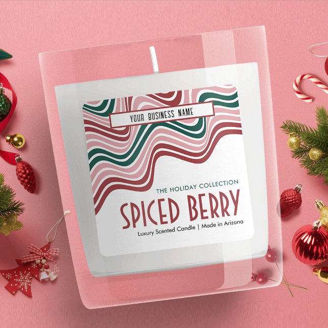 Pegatina Cuadrada Navidades Retro Embalaje de Velas Rojas Groovy Ver (Add a retro touch to your holiday packaging design with this nostalgic jar label in red and green)