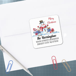 Pegatina Cuadrada Navidades retro Snowman devuelven la dirección Sel