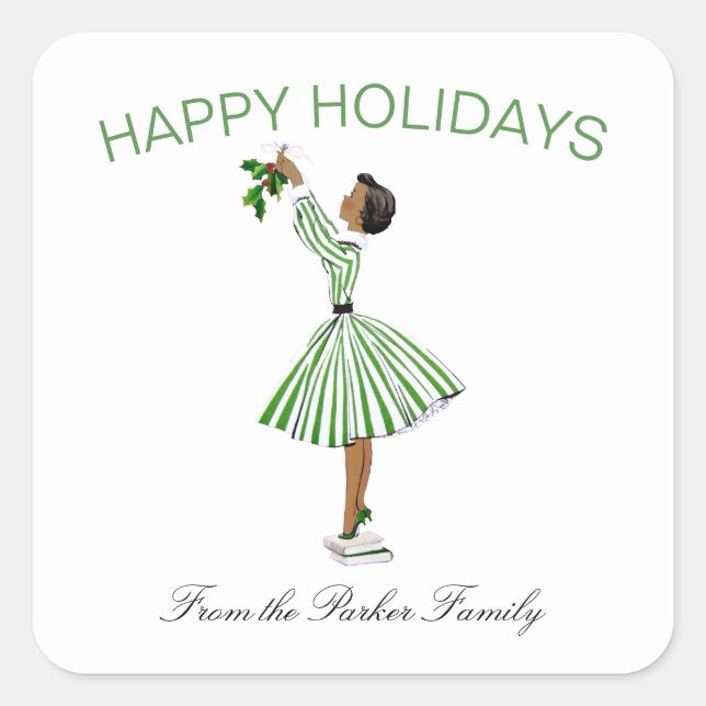Pegatina Cuadrada Navidades retro ventilado lindo con vestido Chica (Anverso)