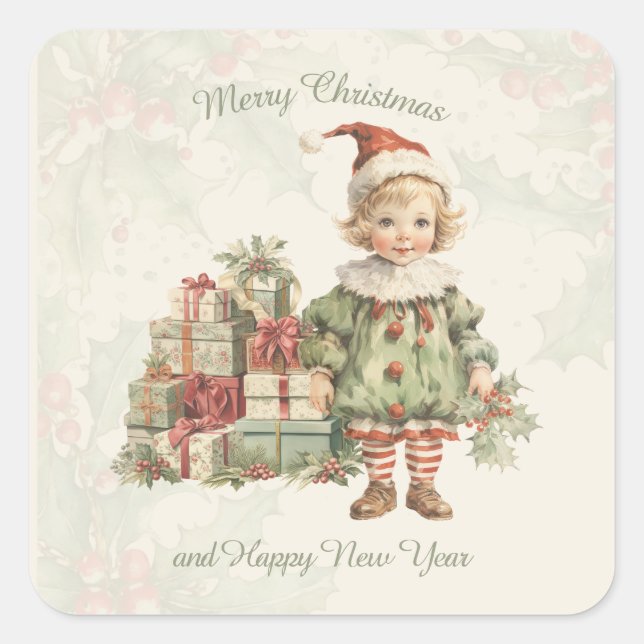 Pegatina Cuadrada Navidades Retro Vintage (Anverso)