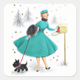Pegatina Cuadrada Navidades retro vintage mujeres con perro escocés