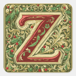 Pegatina Cuadrada Navidades rojo y Z dorado con acentos verdes