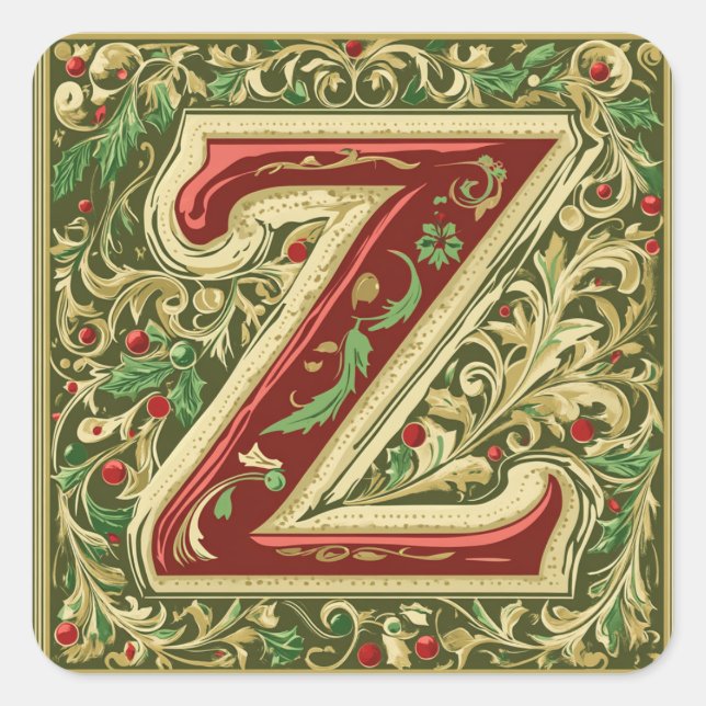 Pegatina Cuadrada Navidades rojo y Z dorado con acentos verdes (Anverso)