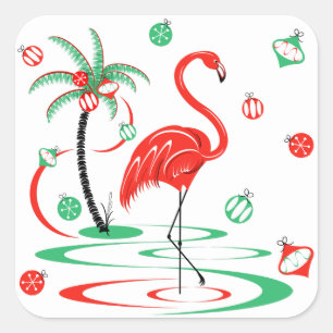 Pegatina Cuadrada Navidades rojos Flamingo Baubles square