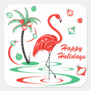 Pegatina Cuadrada Navidades rojos Flamingo Happy Holidays square