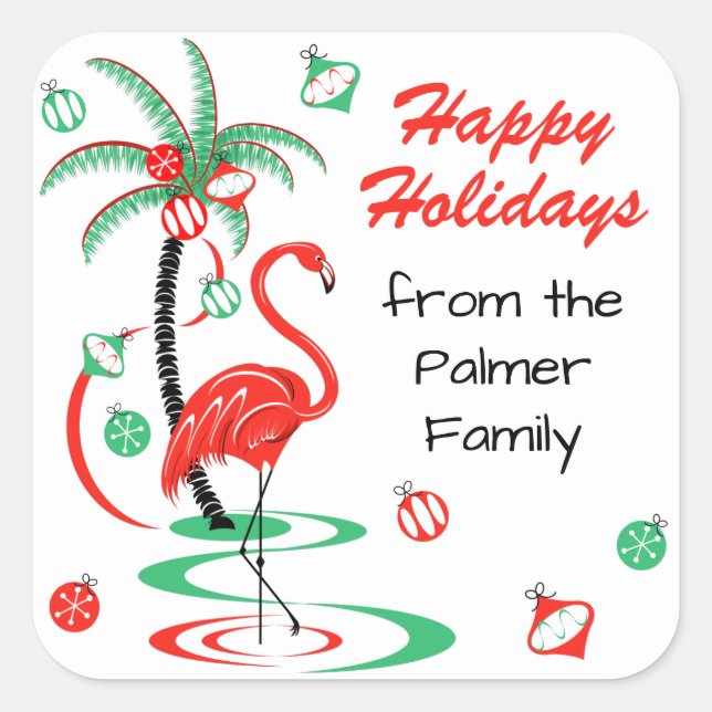 Pegatina Cuadrada Navidades rojos Flamingo Happy Holidays Text squar (Anverso)