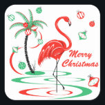 Pegatina Cuadrada Navidades rojos Flamingo Merry Christmas square<br><div class="desc">Un diseño divertido, festivo y flamingo con un toque retro en rojo y verde. Los flamencos rojos se esconden en el agua, al lado de las palmeras decoradas con Navidades de baubles y cintas. Un diseño de personalizable para que puedas personalizar con tu propio texto, imágenes e ideas. Imagen original...</div>