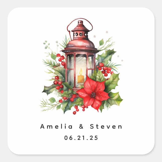 Pegatina Cuadrada Navidades rojos Lantern Poinsettia - Boda (Anverso)