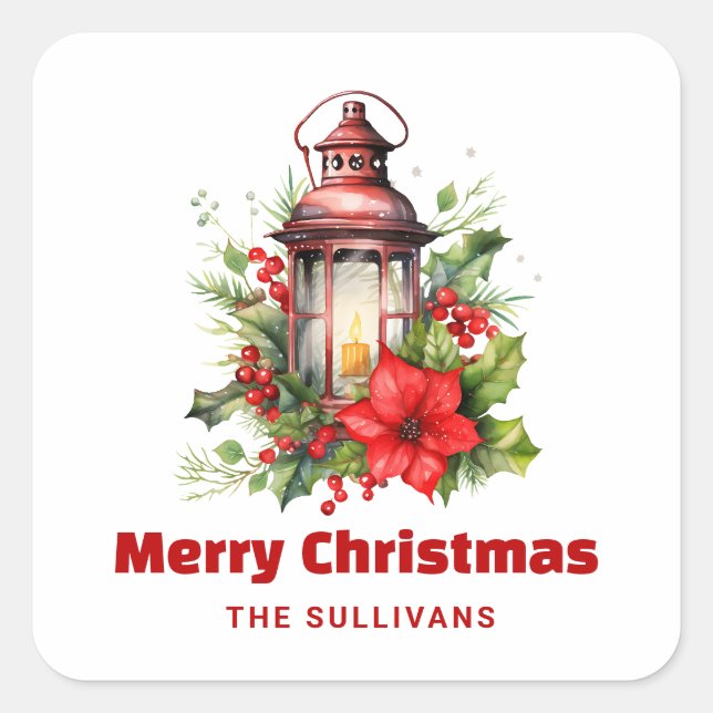 Pegatina Cuadrada Navidades rojos Lantern Poinsettia y Pine (Anverso)