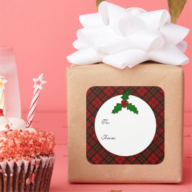 Pegatina Cuadrada Navidades rojos tartan Holly twig tu texto etiquet (Fiesta)
