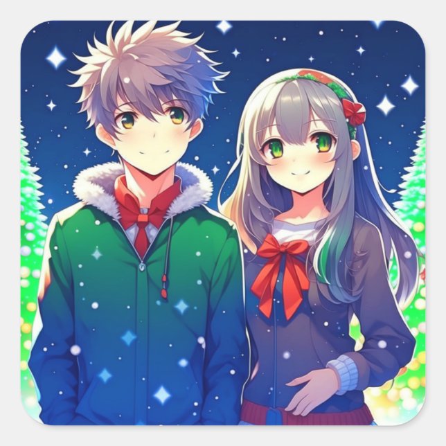 Pegatina Cuadrada Navidades románticos de Anime Couple (Anverso)