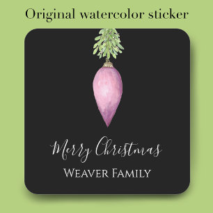 Pegatina Cuadrada Navidades rosa de color de agua pintados a mano ba