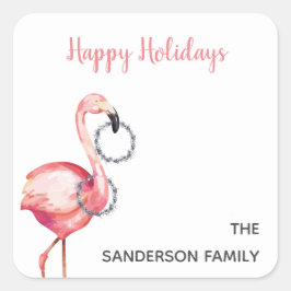 Pegatina Cuadrada Navidades rosados Flamingo Wreathl Happy Holidays