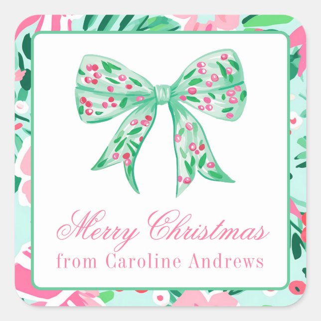 Pegatina Cuadrada Navidades rosados y verdes adormilado ceden regalo (Anverso)