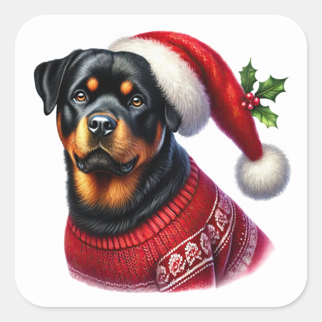 Pegatina Cuadrada Navidades Rottweiler con suéter festivo (Anverso)